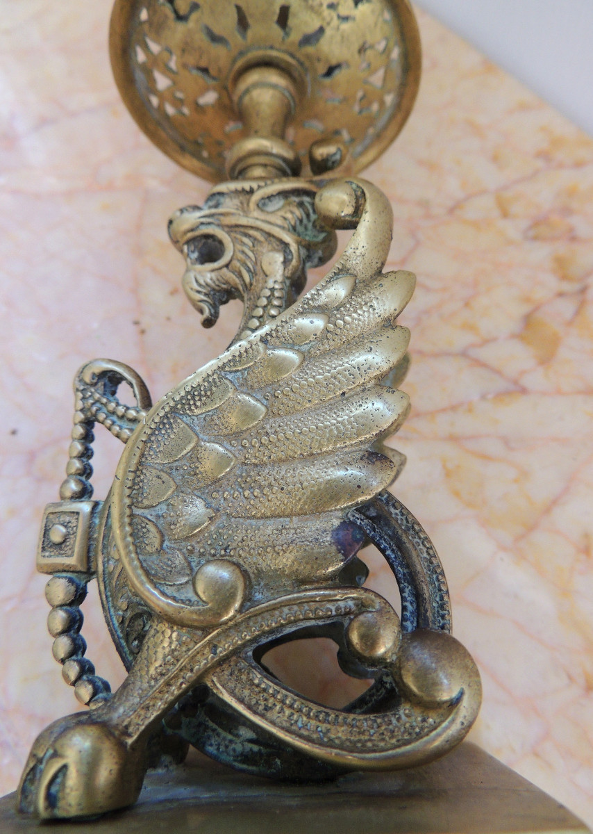 paire de bougeoirs en bronze doré , flambeaux  modèle aux dragons style baroque , début 19 ème-photo-5