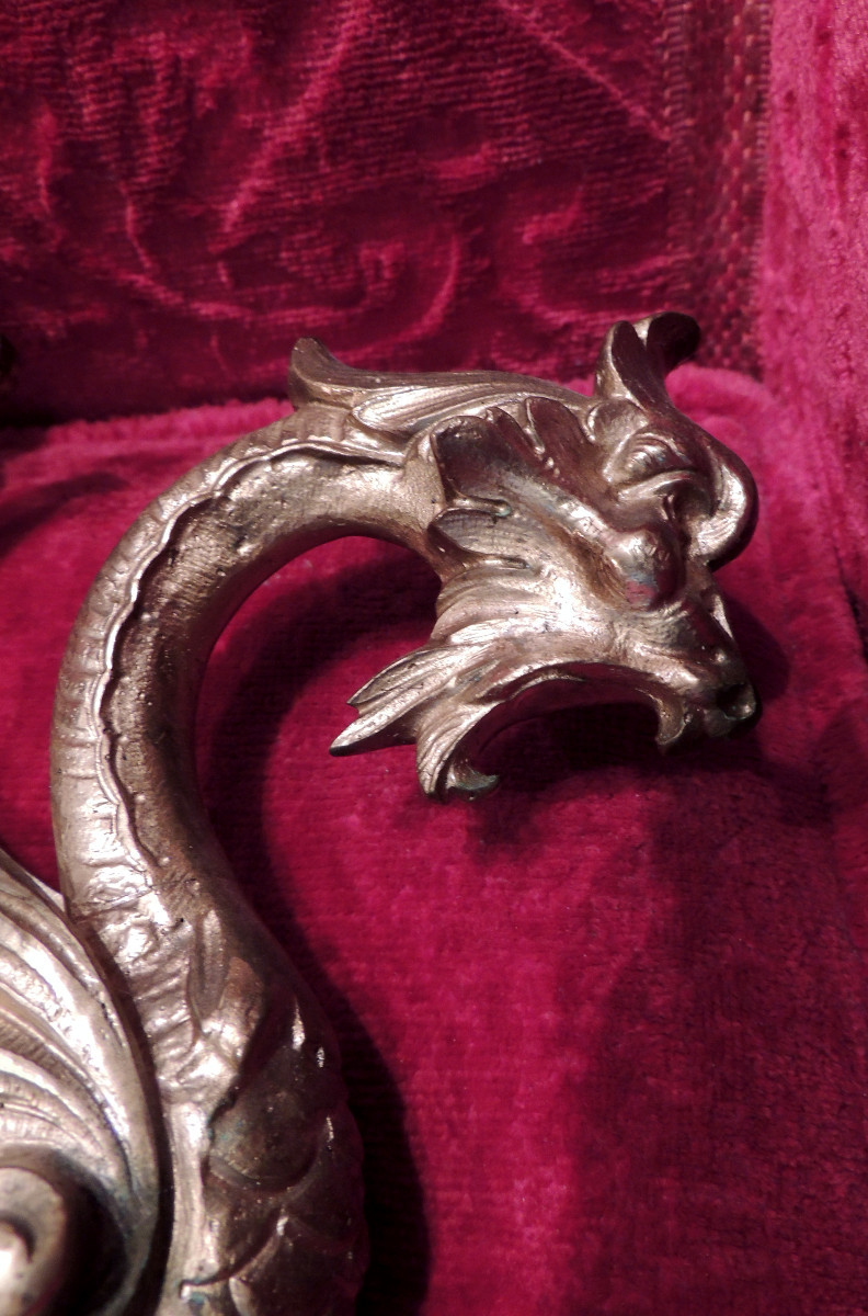 potences  , 3 appliques anciennes  , lampes au gaz , modèle dragons ailés en bronze , 19 ème-photo-5