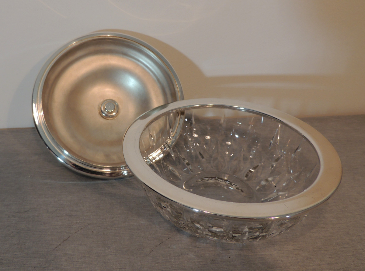 service à caviar en métal argenté , réservoir en cristal taillé main , poinçon A C , 20 ème -photo-2