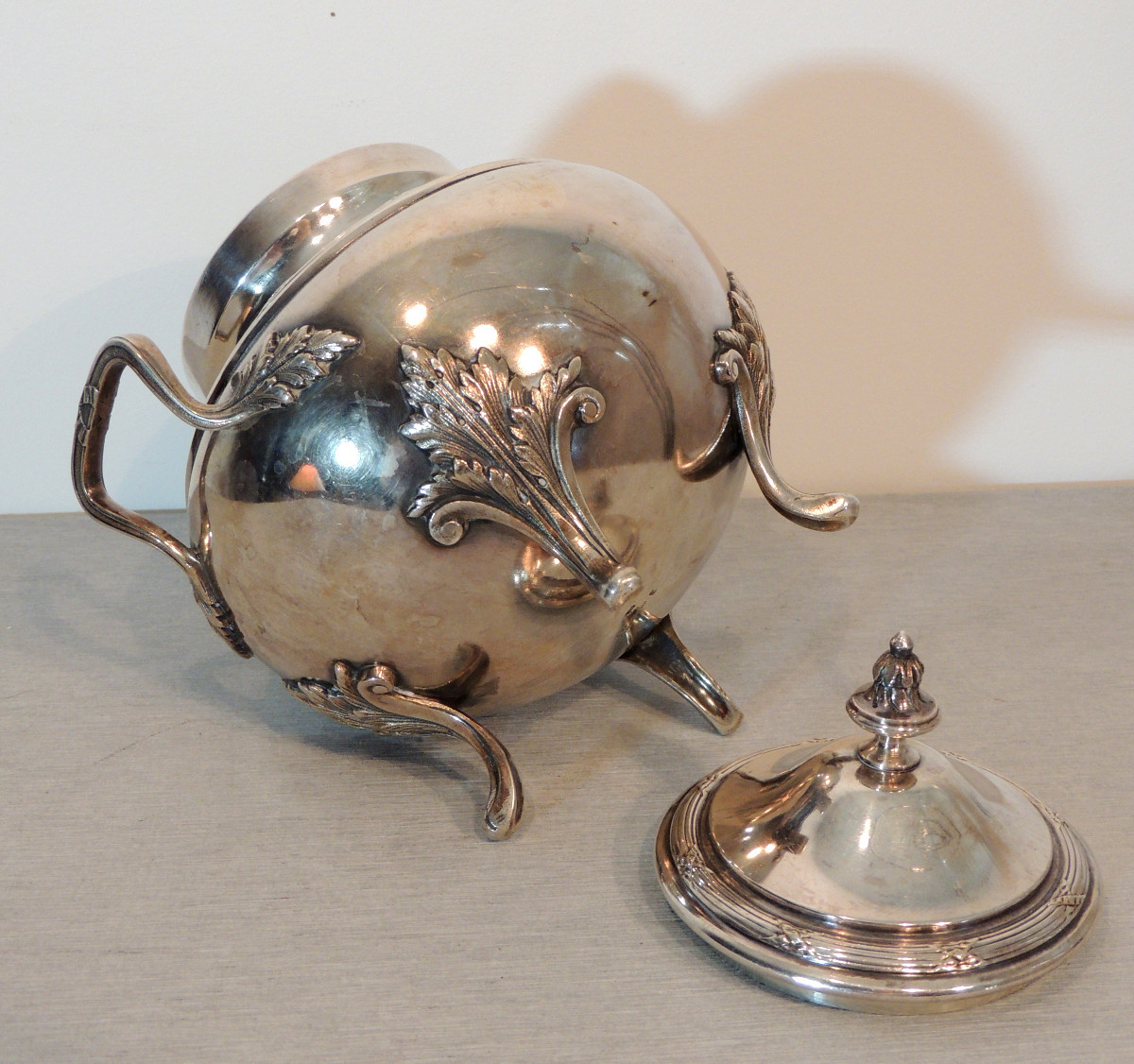 Solid Silver Sugar Bowl, Master Silversmith Armand Frenais (1877 - 1927) Leaf Decoration, 20th Century-photo-3
