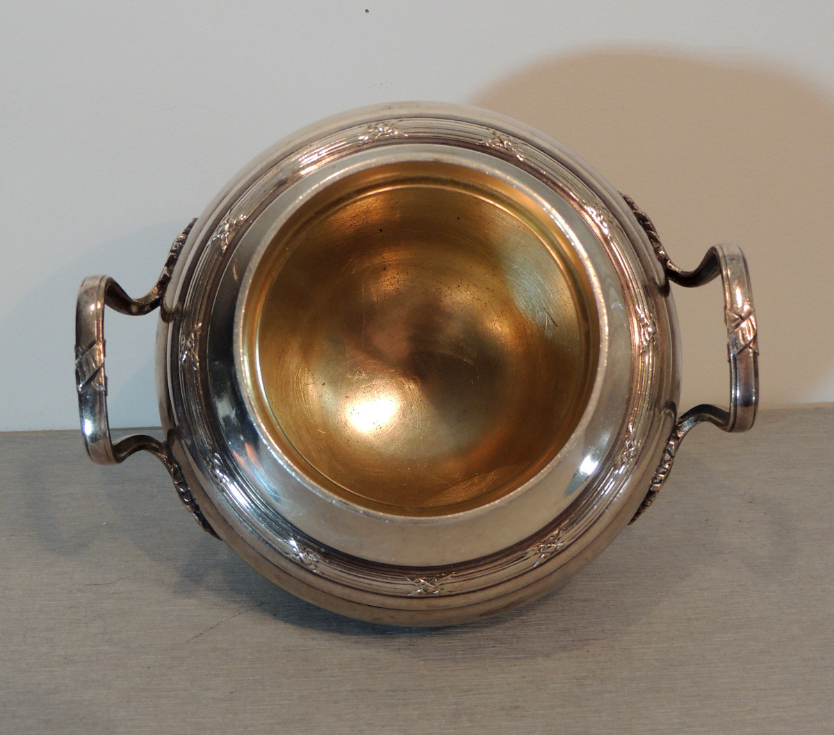 Solid Silver Sugar Bowl, Master Silversmith Armand Frenais (1877 - 1927) Leaf Decoration, 20th Century-photo-4