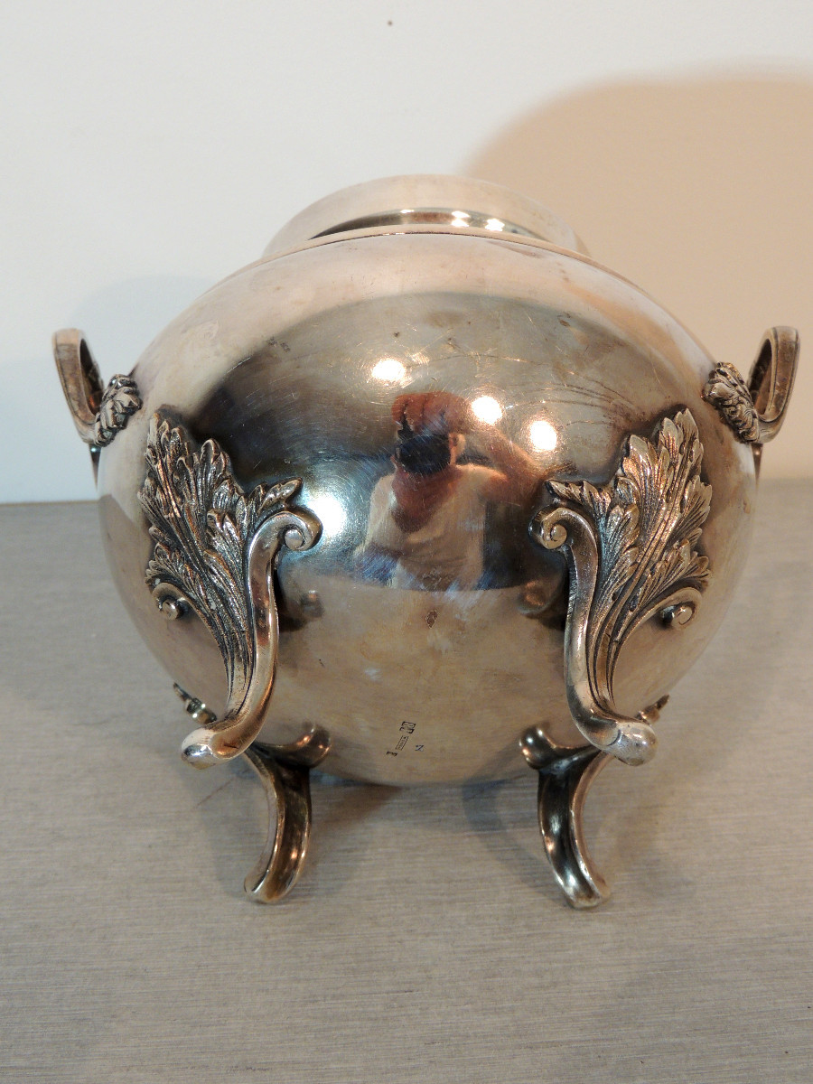 Solid Silver Sugar Bowl, Master Silversmith Armand Frenais (1877 - 1927) Leaf Decoration, 20th Century-photo-1