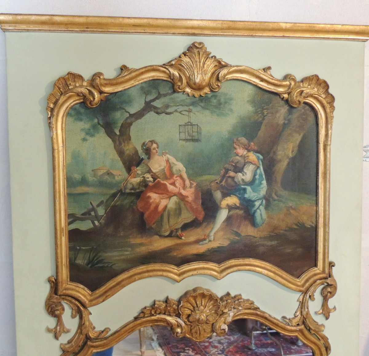 Painted Wooden Trumeau With Canvas Decoration Of A Young Couple Playing The Horn, Late 18th Century-photo-2