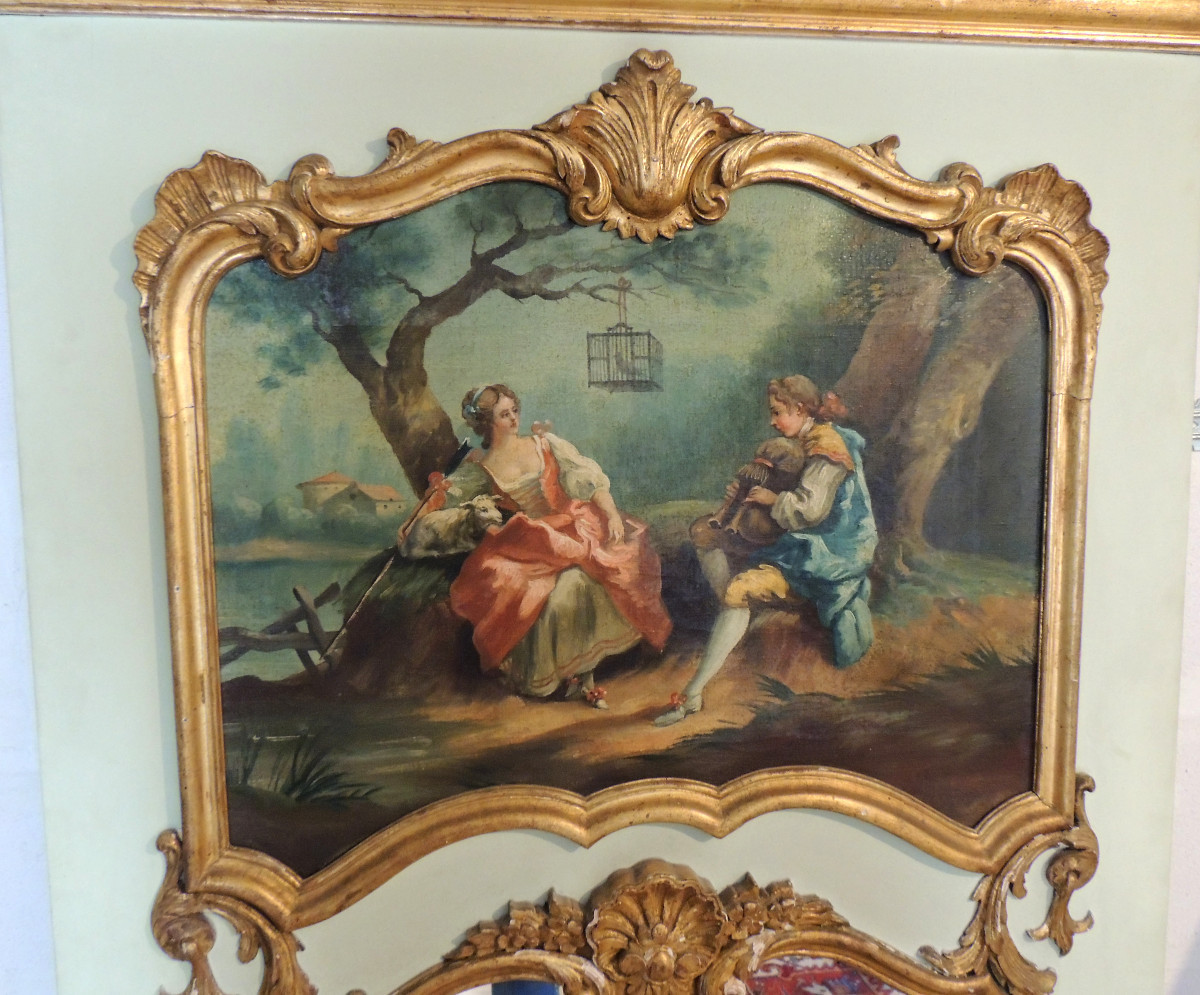 Painted Wooden Trumeau With Canvas Decoration Of A Young Couple Playing The Horn, Late 18th Century-photo-4