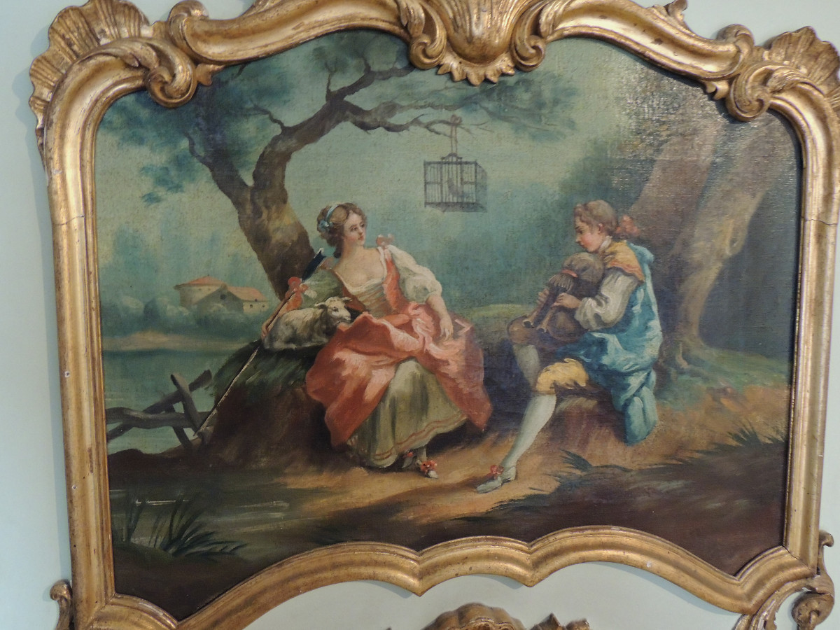 Painted Wooden Trumeau With Canvas Decoration Of A Young Couple Playing The Horn, Late 18th Century-photo-1