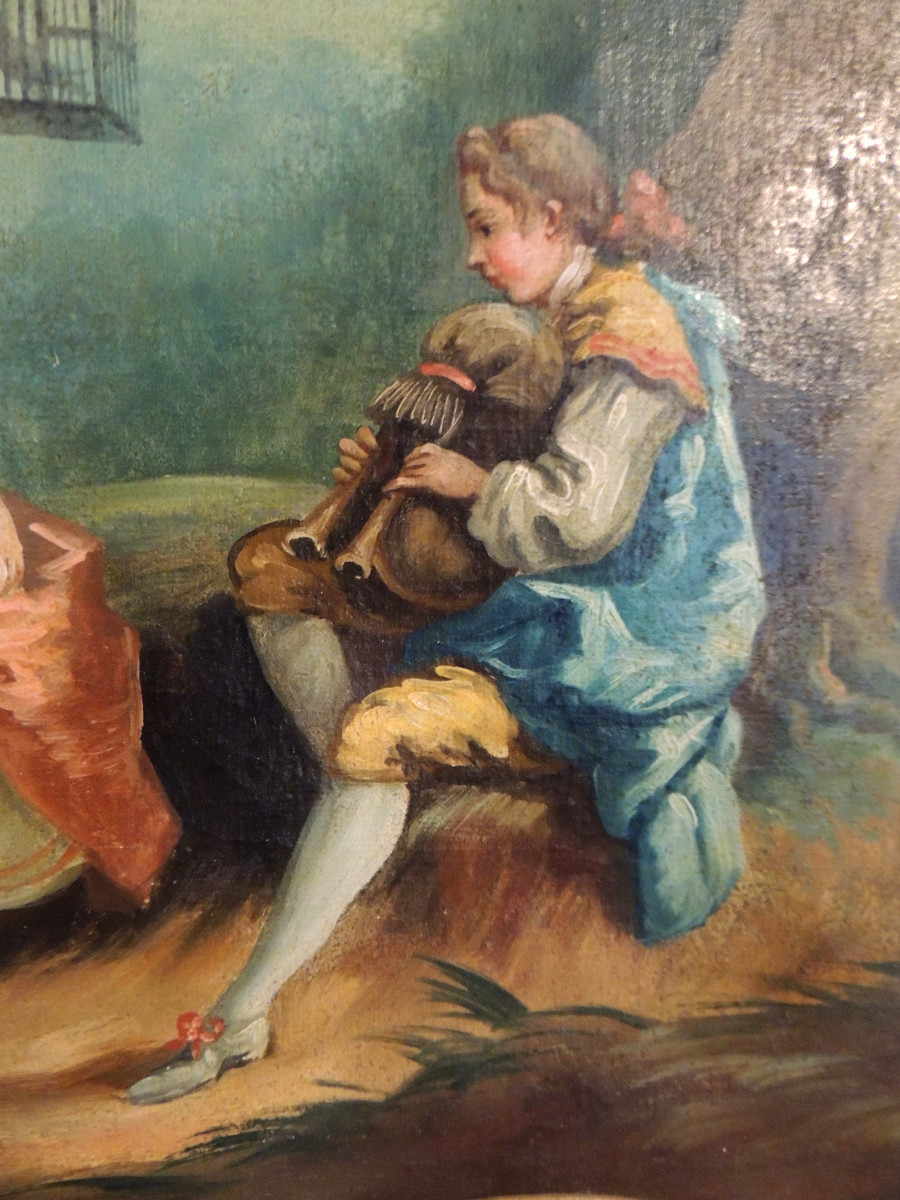 Painted Wooden Trumeau With Canvas Decoration Of A Young Couple Playing The Horn, Late 18th Century-photo-3