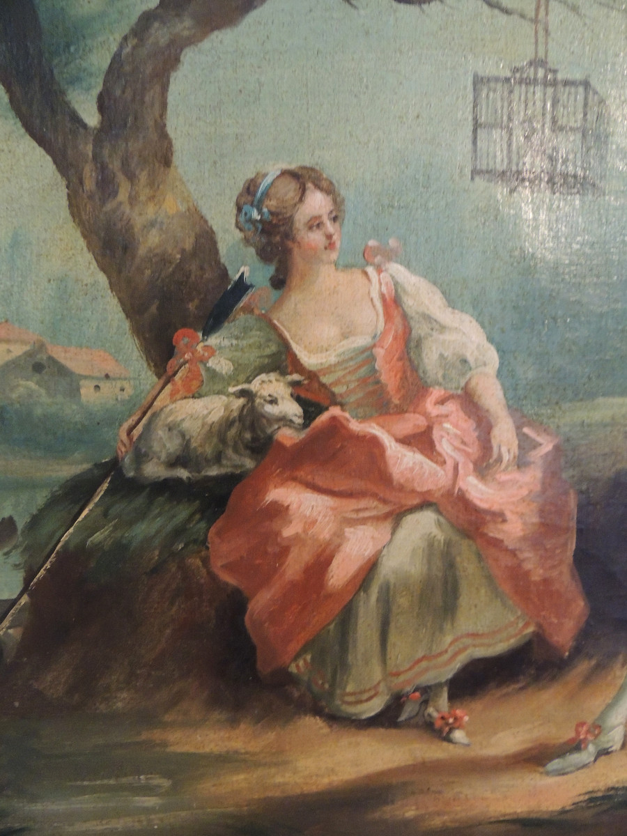Painted Wooden Trumeau With Canvas Decoration Of A Young Couple Playing The Horn, Late 18th Century-photo-4