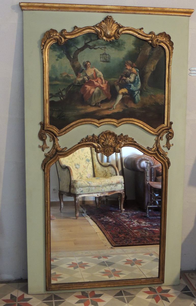 Painted Wooden Trumeau With Canvas Decoration Of A Young Couple Playing The Horn, Late 18th Century