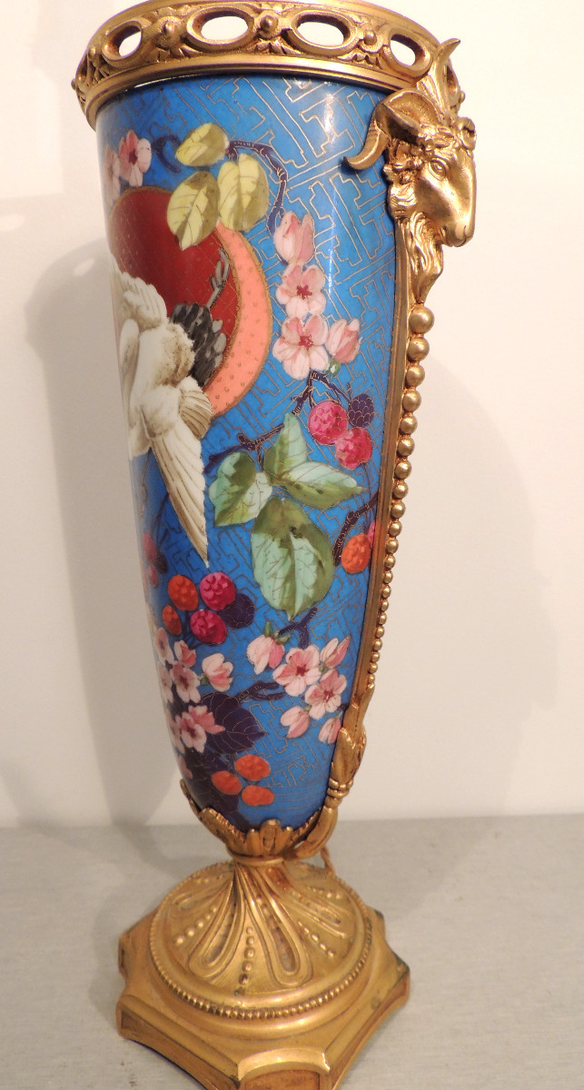 pied de lampe en porcelaine et bronze doré , décor japonisant de fleurs et d'une cigogne 19 ème-photo-2