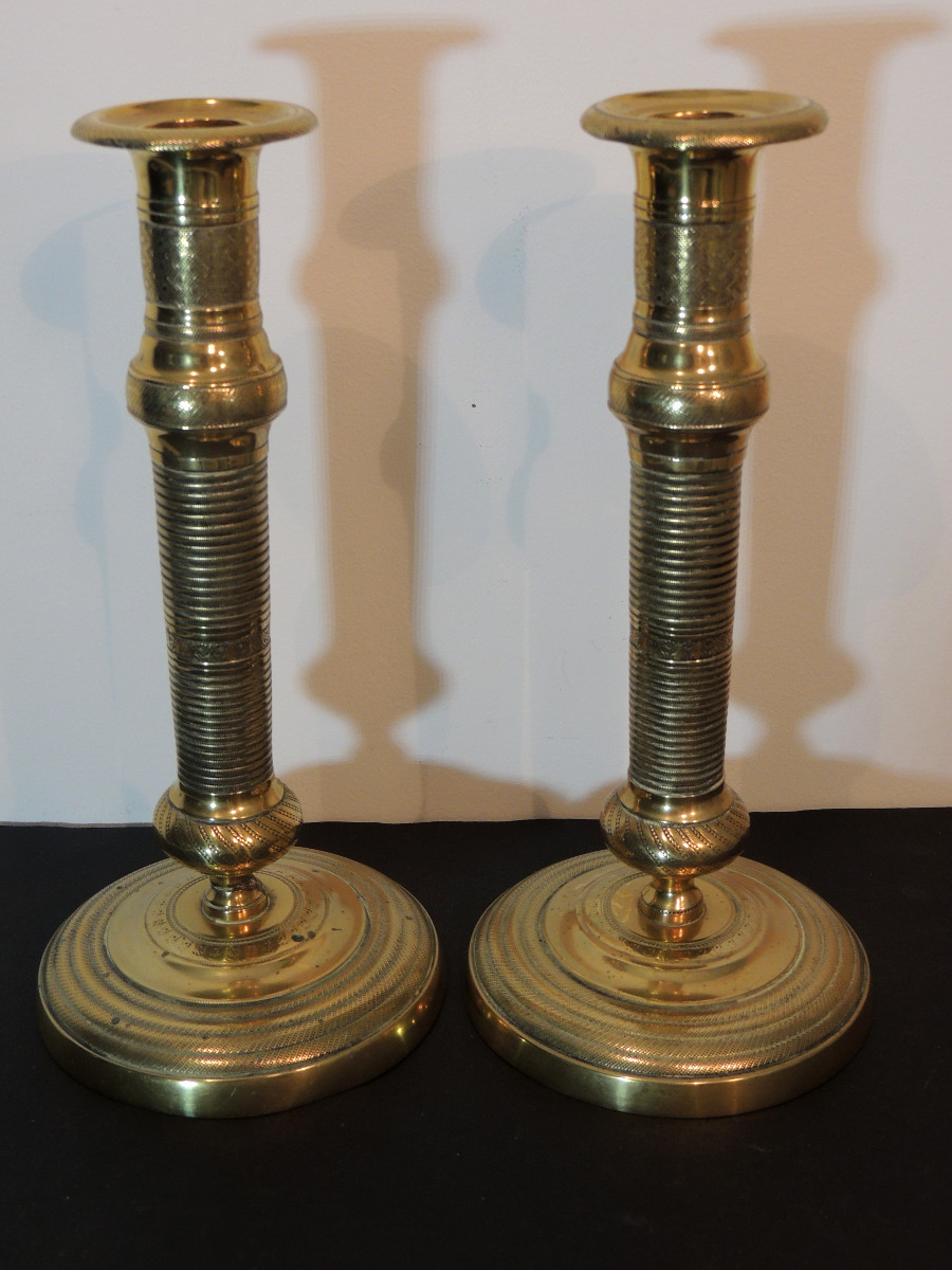 Pair Of Gilt Bronze Candlesticks, Finely Chiseled Torches, Empire Consulate, 19th Century-photo-3