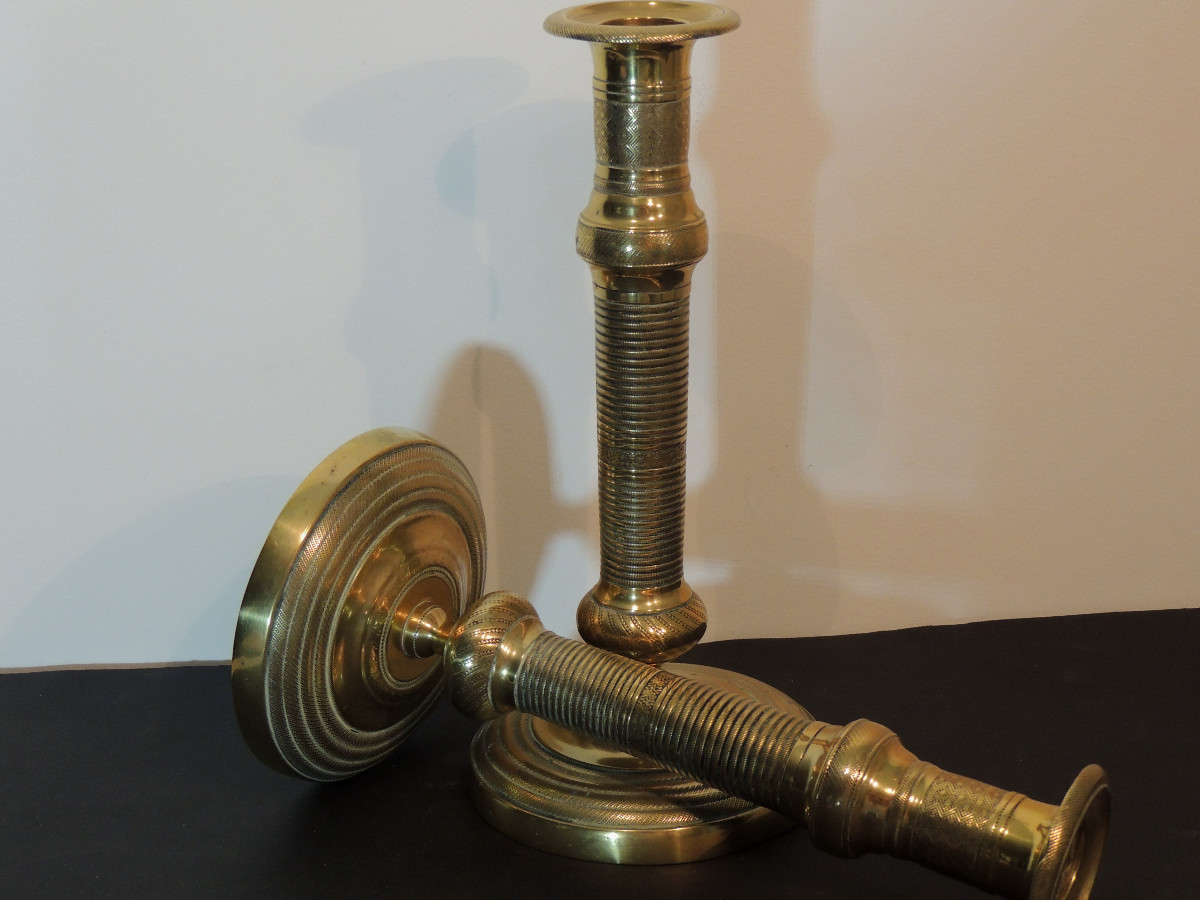 Pair Of Gilt Bronze Candlesticks, Finely Chiseled Torches, Empire Consulate, 19th Century-photo-2