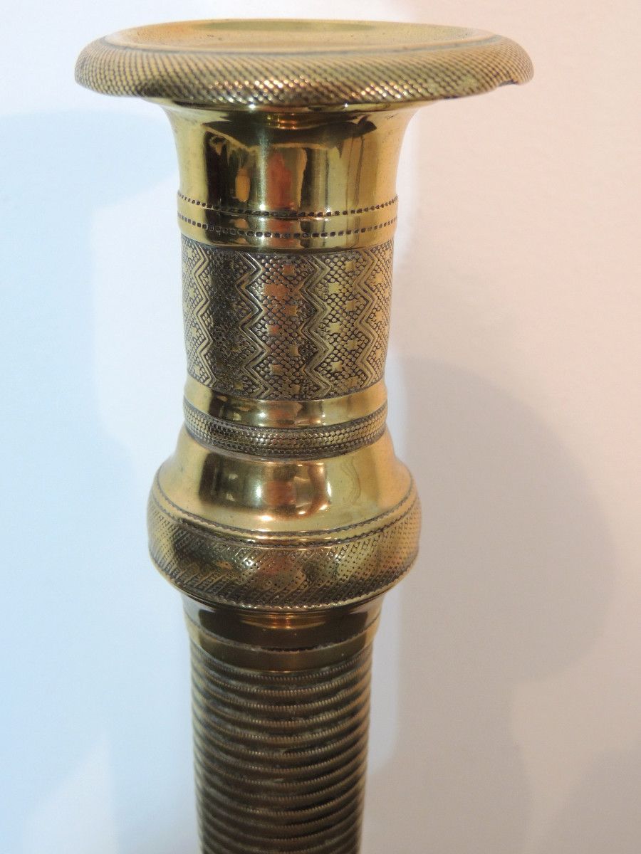 Pair Of Gilt Bronze Candlesticks, Finely Chiseled Torches, Empire Consulate, 19th Century-photo-3