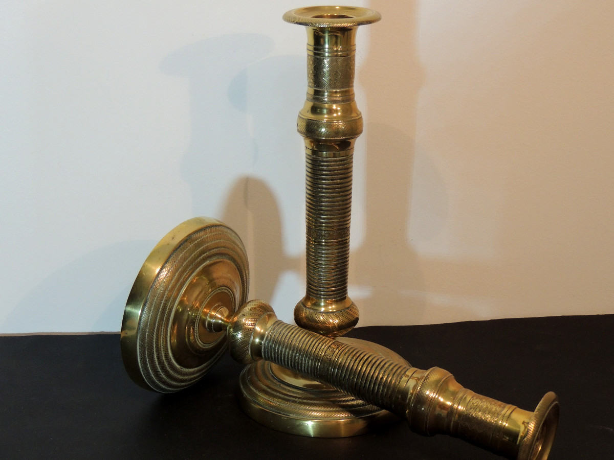 Pair Of Gilt Bronze Candlesticks, Finely Chiseled Torches, Empire Consulate, 19th Century