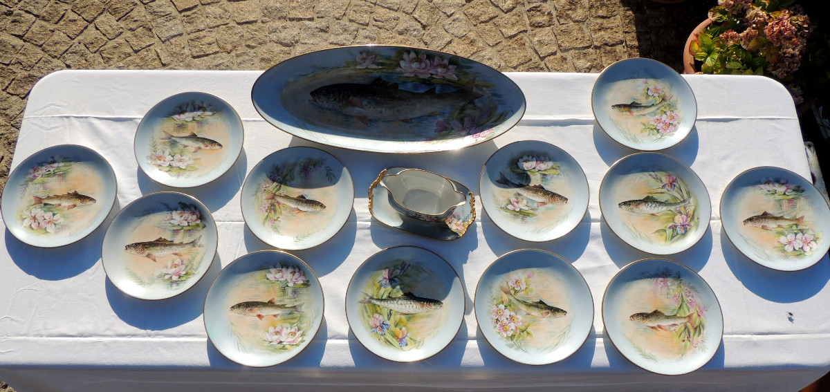 service à poisson, porcelaine fine de Limoges  B R France , 14 pièces en très bon état , 20 ème-photo-2