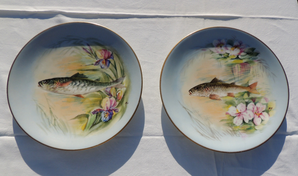 service à poisson, porcelaine fine de Limoges  B R France , 14 pièces en très bon état , 20 ème-photo-3
