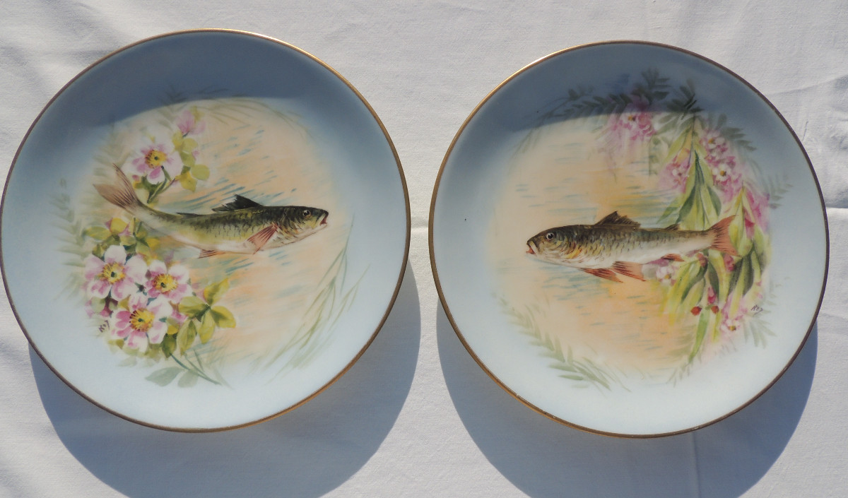 service à poisson, porcelaine fine de Limoges  B R France , 14 pièces en très bon état , 20 ème-photo-2