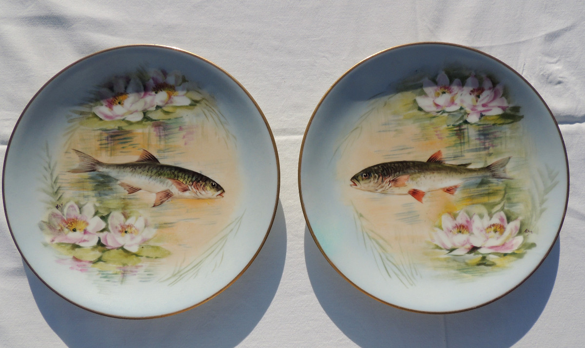 service à poisson, porcelaine fine de Limoges  B R France , 14 pièces en très bon état , 20 ème-photo-3