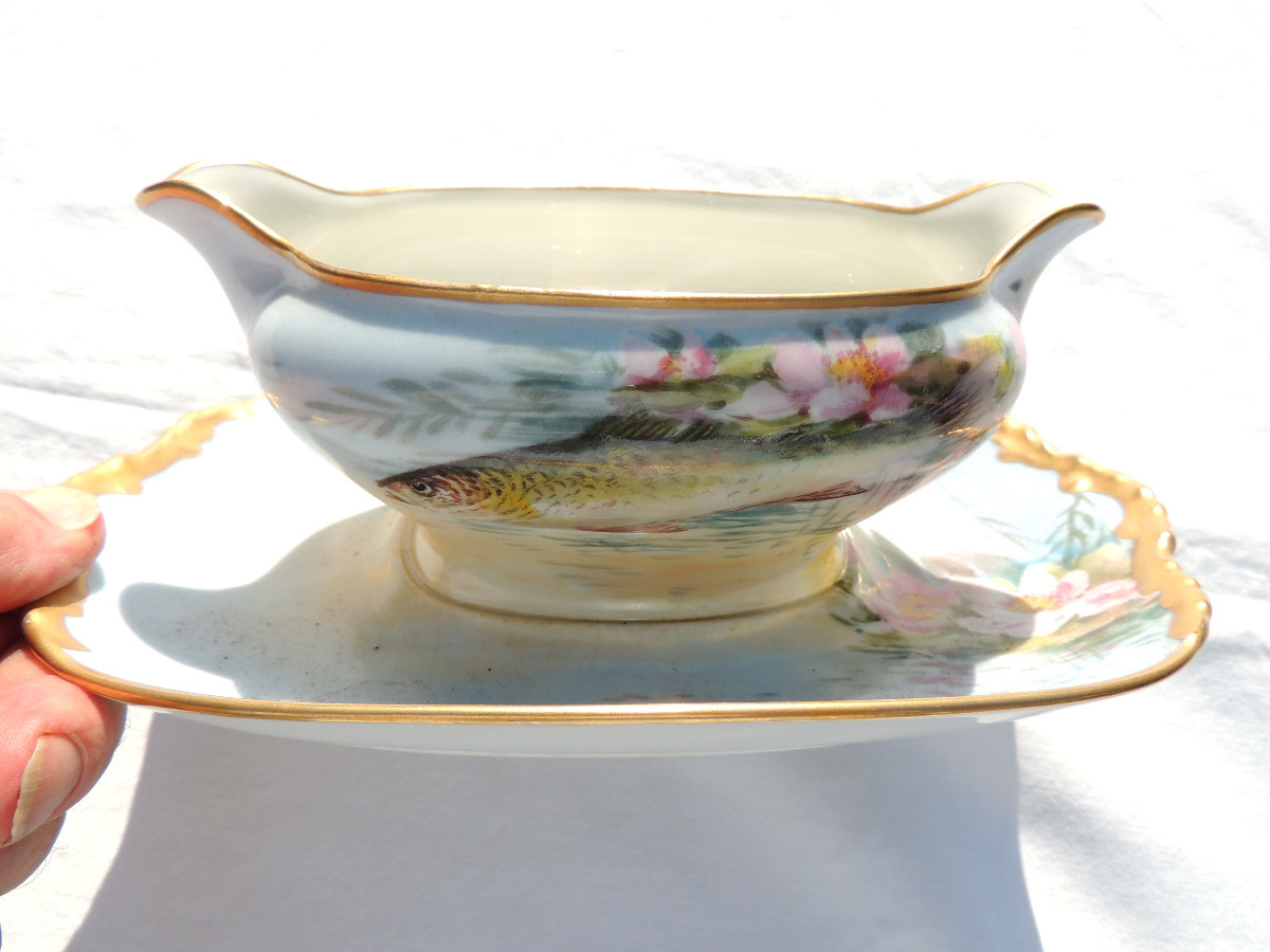 service à poisson, porcelaine fine de Limoges  B R France , 14 pièces en très bon état , 20 ème-photo-5