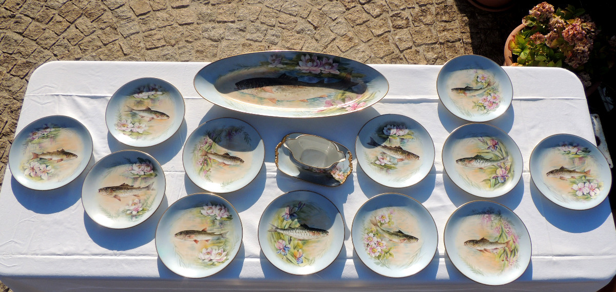 service à poisson, porcelaine fine de Limoges  B R France , 14 pièces en très bon état , 20 ème