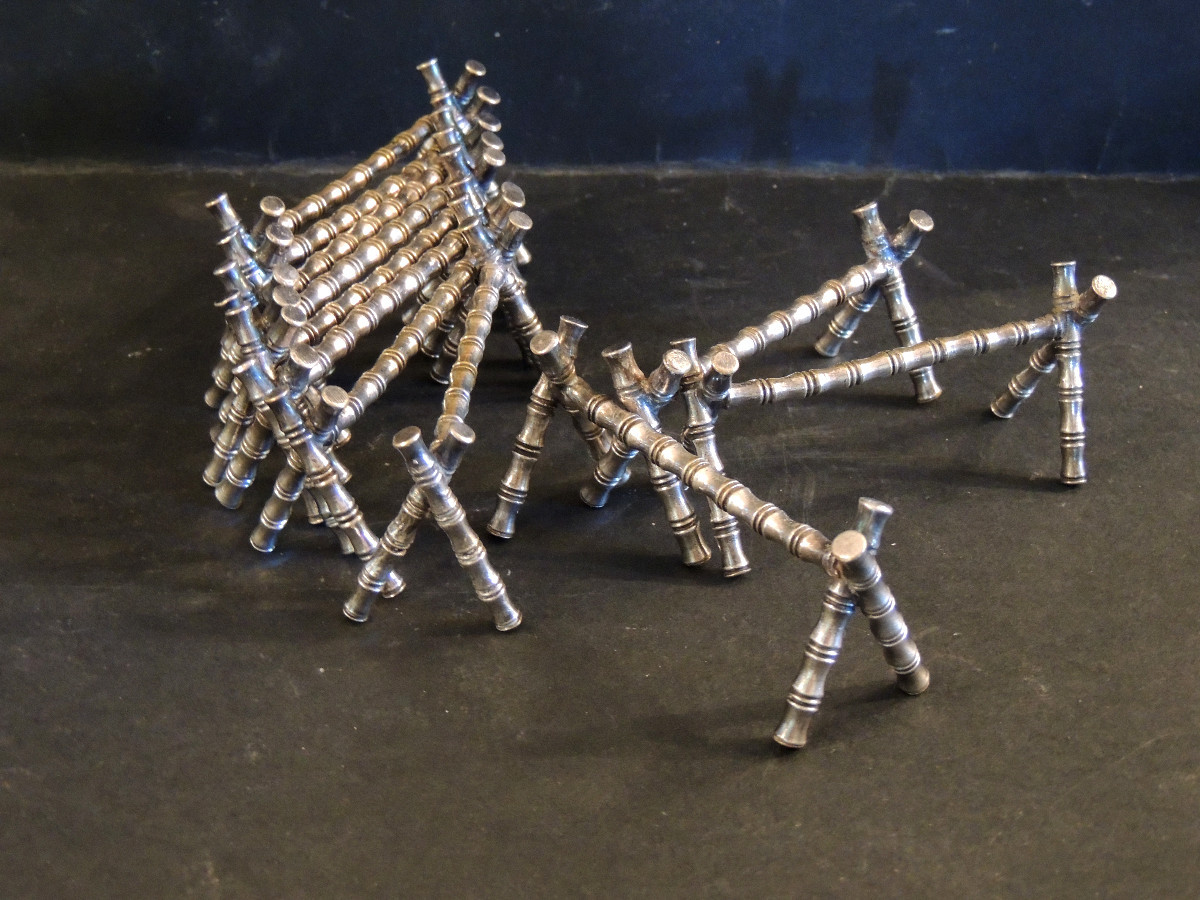 11 Knife Holders, Cutlery Rests, Imitation Bamboo In Silver Metal, 20th Century-photo-2