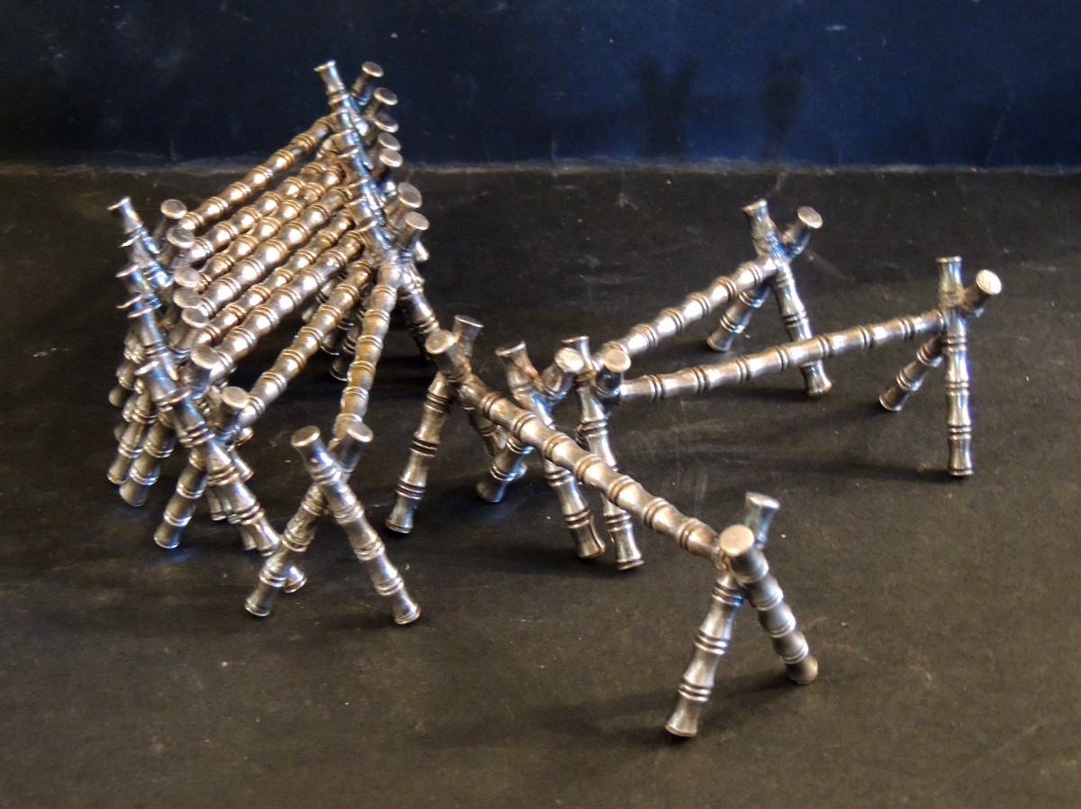 11 Knife Holders, Cutlery Rests, Imitation Bamboo In Silver Metal, 20th Century