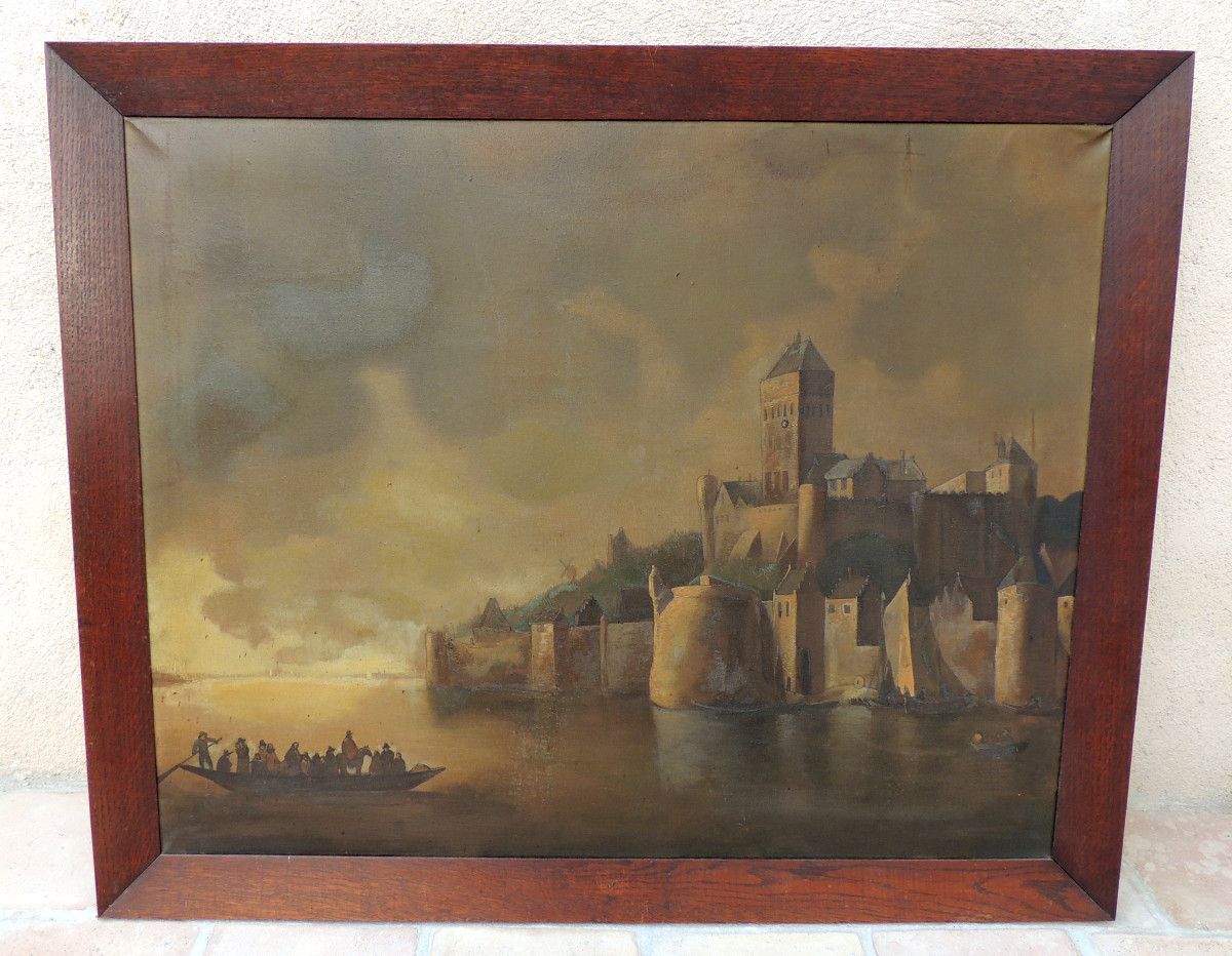 tableau peinture à l'huile sur toile décor d'une embarcation à l'approche d'un village , 18 ème
