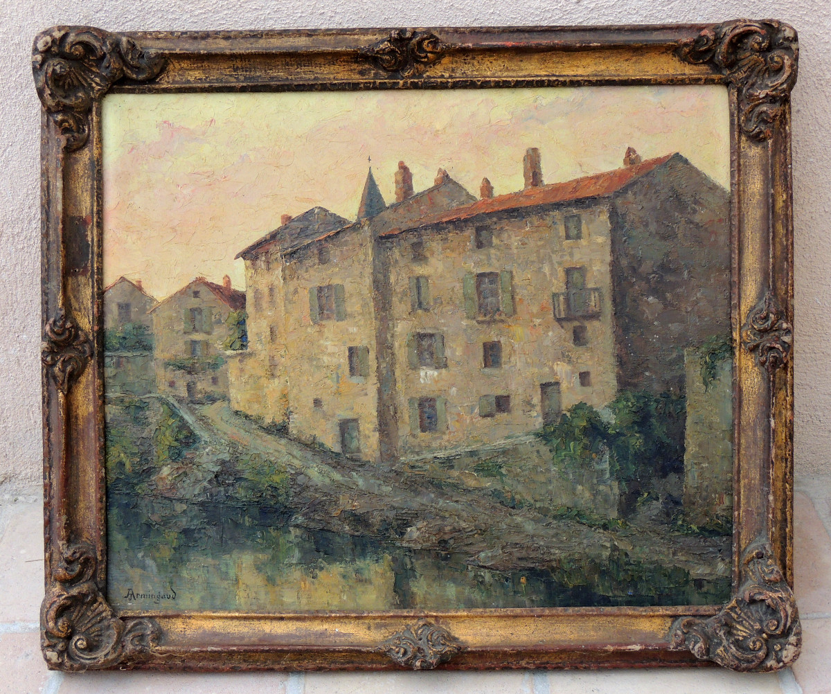 tableau peinture à l'huile sur bois  Armingaud  quartier Du Barry à Riols dans l'hérault 20 ème