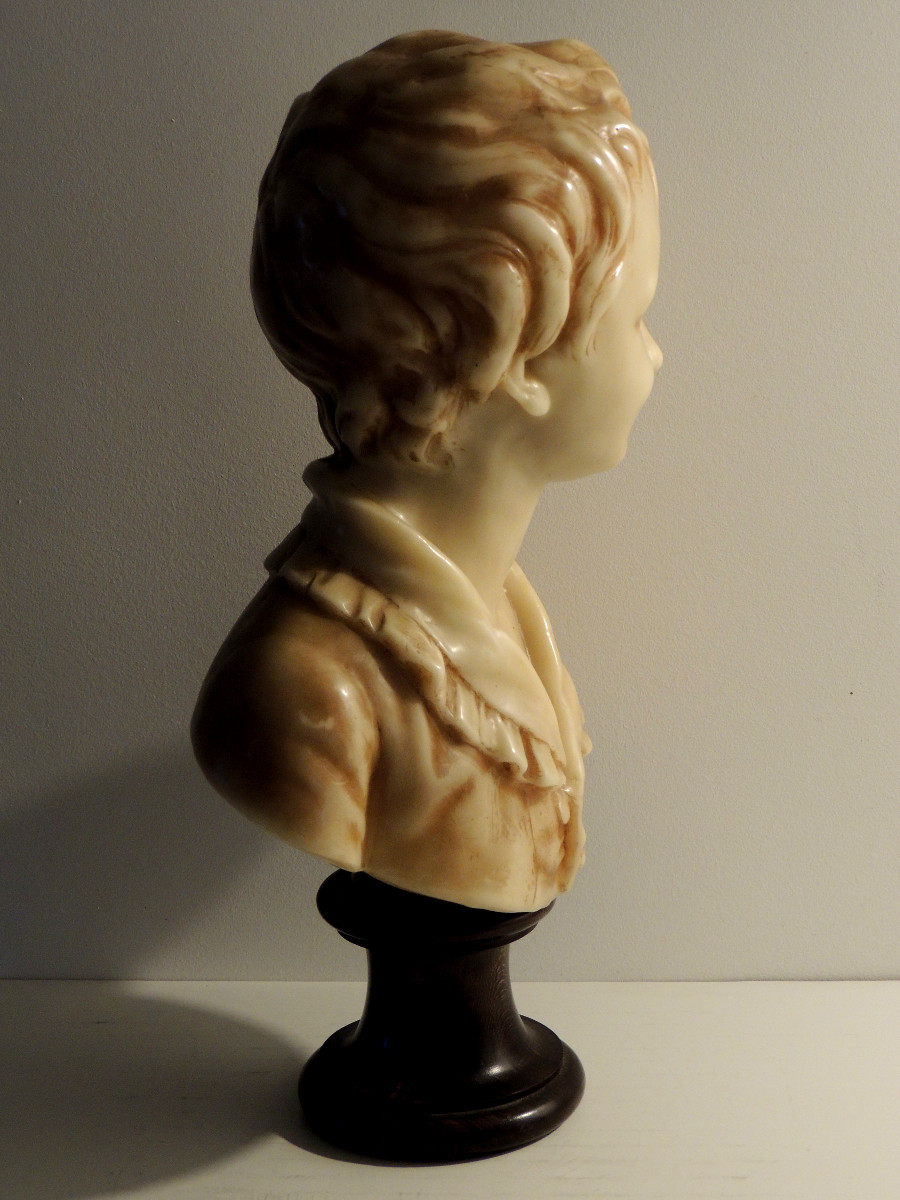 buste en cire , sulpture d'une jeune fille sur pied douche en bois, de 44 cm de hauteur, 19 ème-photo-4