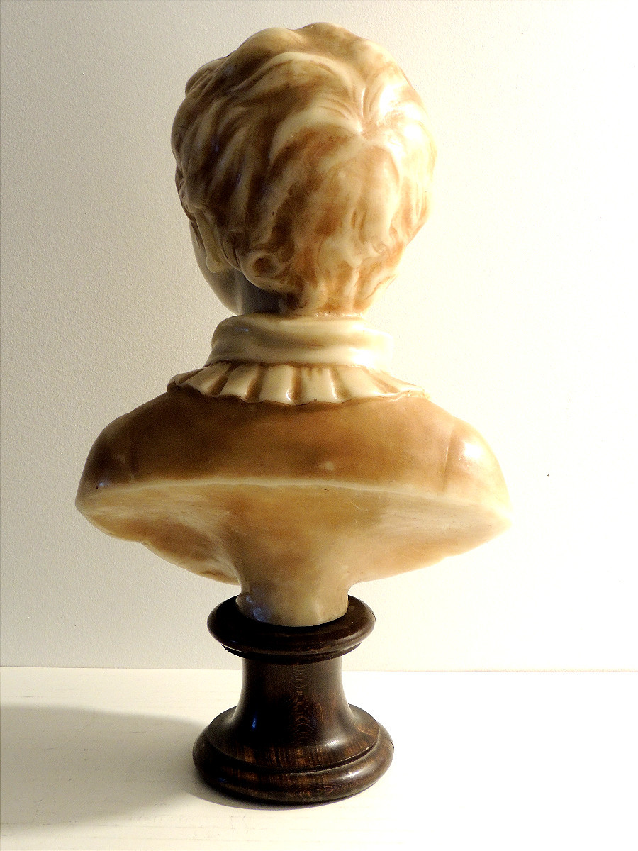 buste en cire , sulpture d'une jeune fille sur pied douche en bois, de 44 cm de hauteur, 19 ème-photo-1