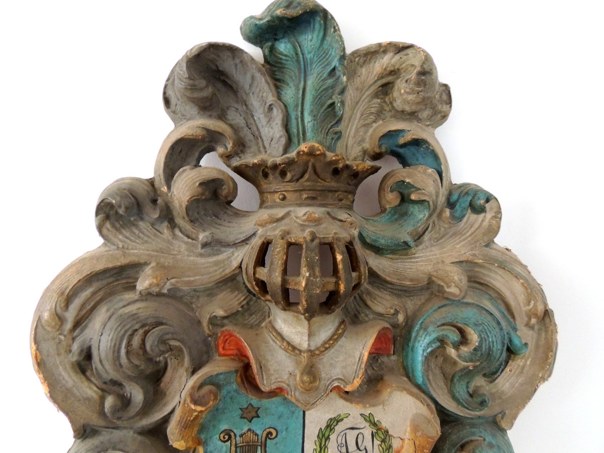 blason aux armoiries , style haute époque ,  papier cartonné sur plâtre stuc ,  19 ème -photo-3