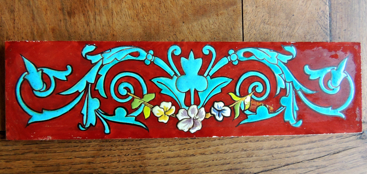  16 carreaux art nouveau en céramique polychrome à fort relief , frise de 3 m80 de long , 20ème-photo-4