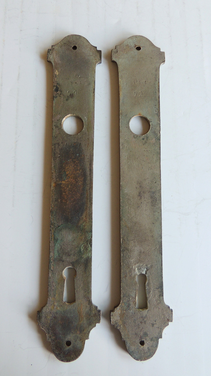 poignées de porte avec leurs platines en bronze argenté , art nouveau , modèle martelé , 20 ème-photo-1