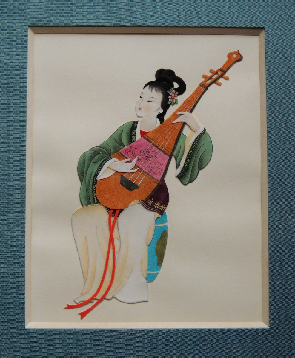 Cutting And Collage On Paper Of A Musician Playing A Stringed Instrument, Japan, 20th Century-photo-2