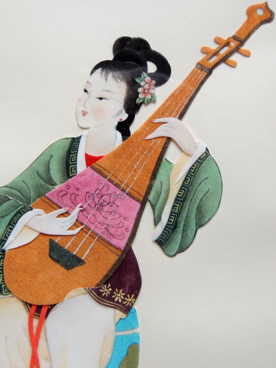 Cutting And Collage On Paper Of A Musician Playing A Stringed Instrument, Japan, 20th Century-photo-4