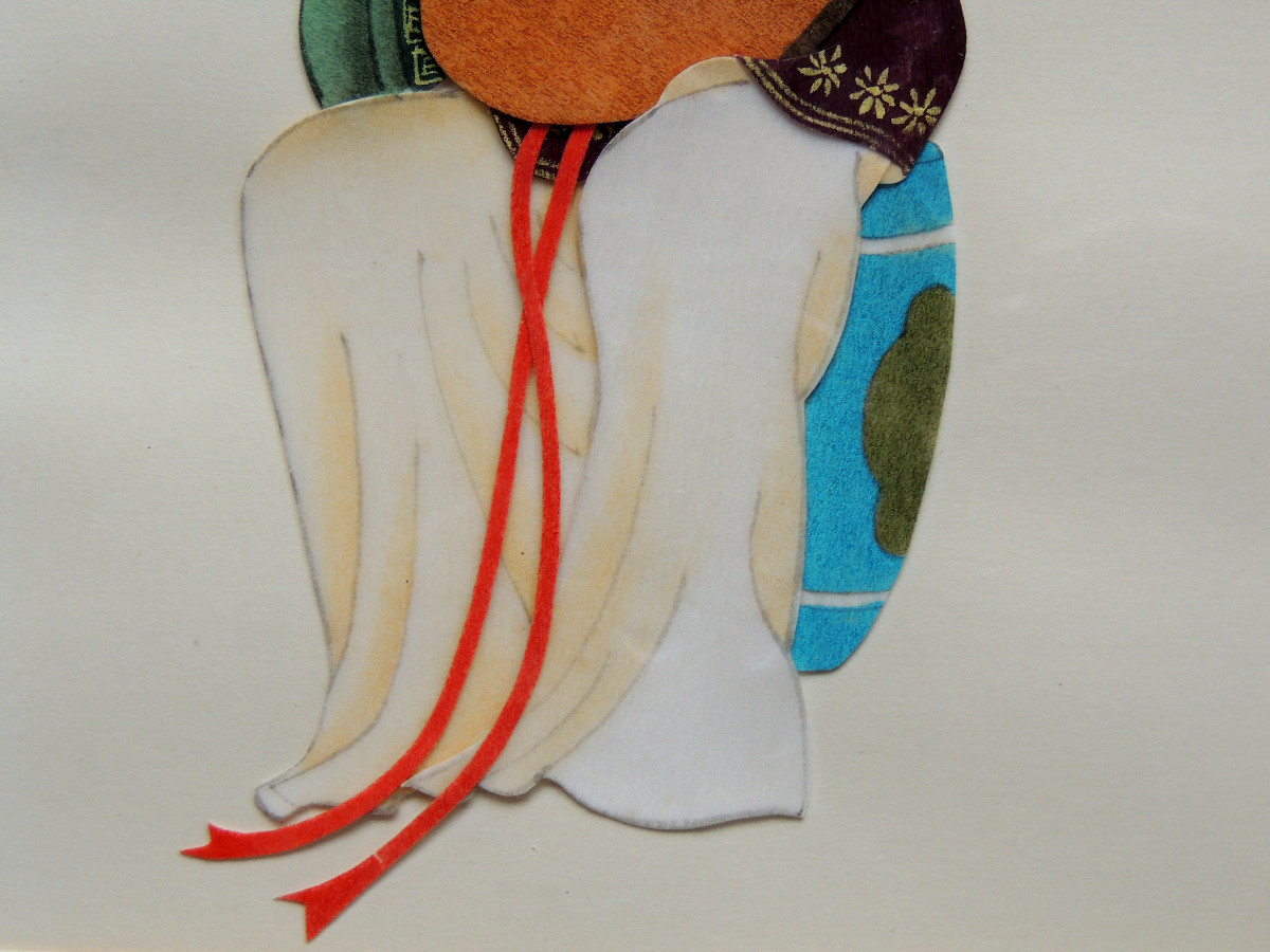 Cutting And Collage On Paper Of A Musician Playing A Stringed Instrument, Japan, 20th Century-photo-1