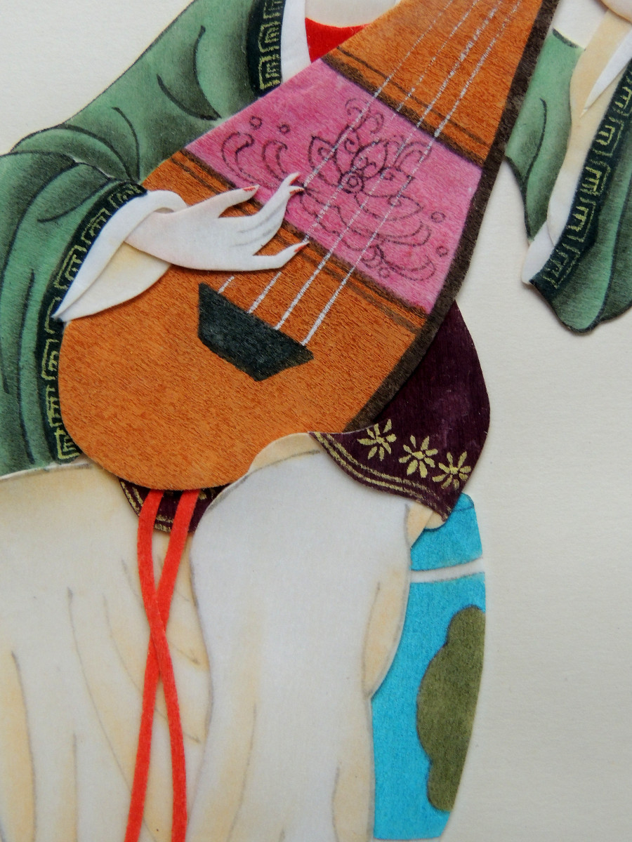 Cutting And Collage On Paper Of A Musician Playing A Stringed Instrument, Japan, 20th Century-photo-2