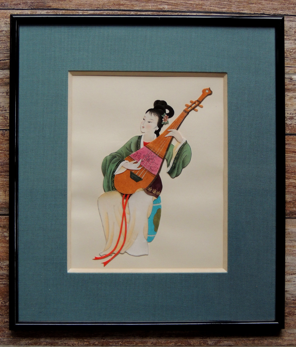 Cutting And Collage On Paper Of A Musician Playing A Stringed Instrument, Japan, 20th Century
