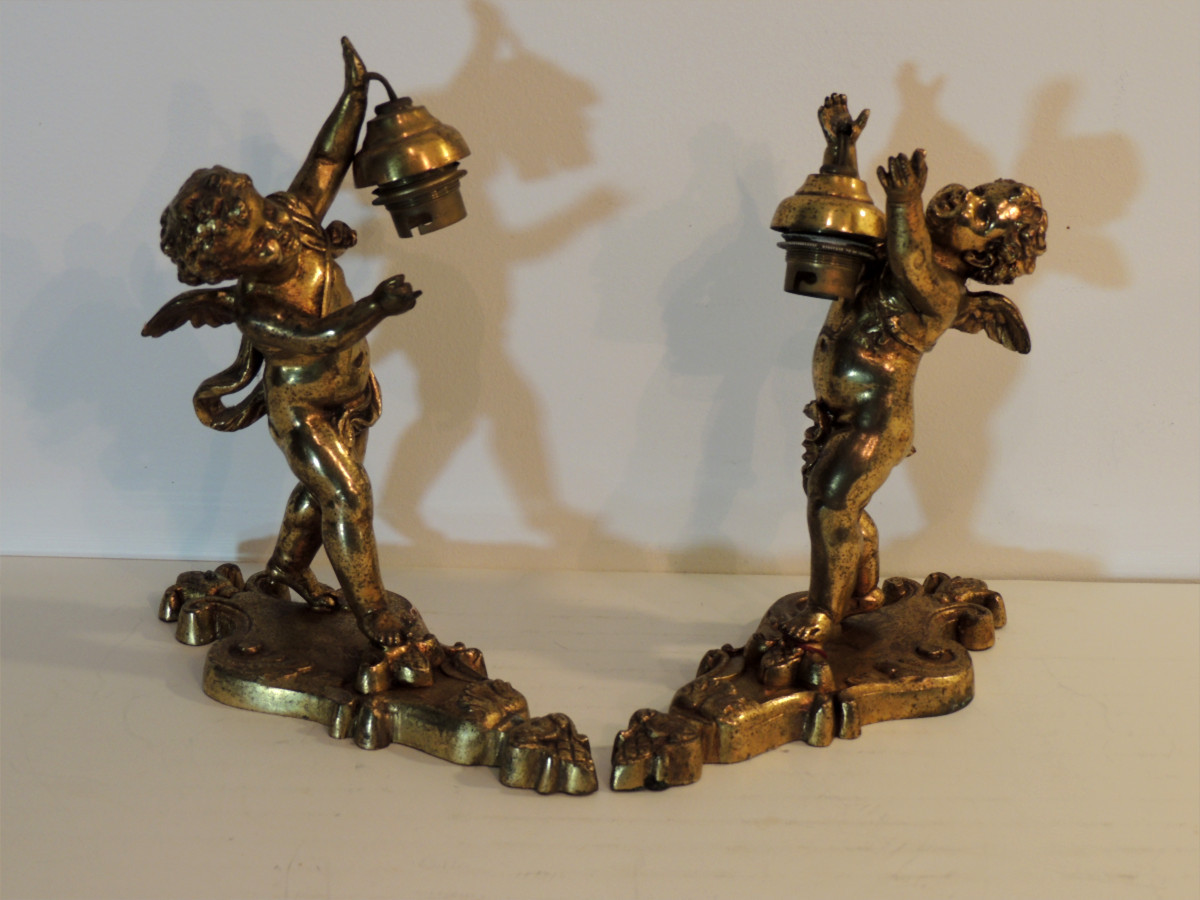 paire appliques murales en bronze doré , angelots , chérubins , fin 19 ème -photo-2