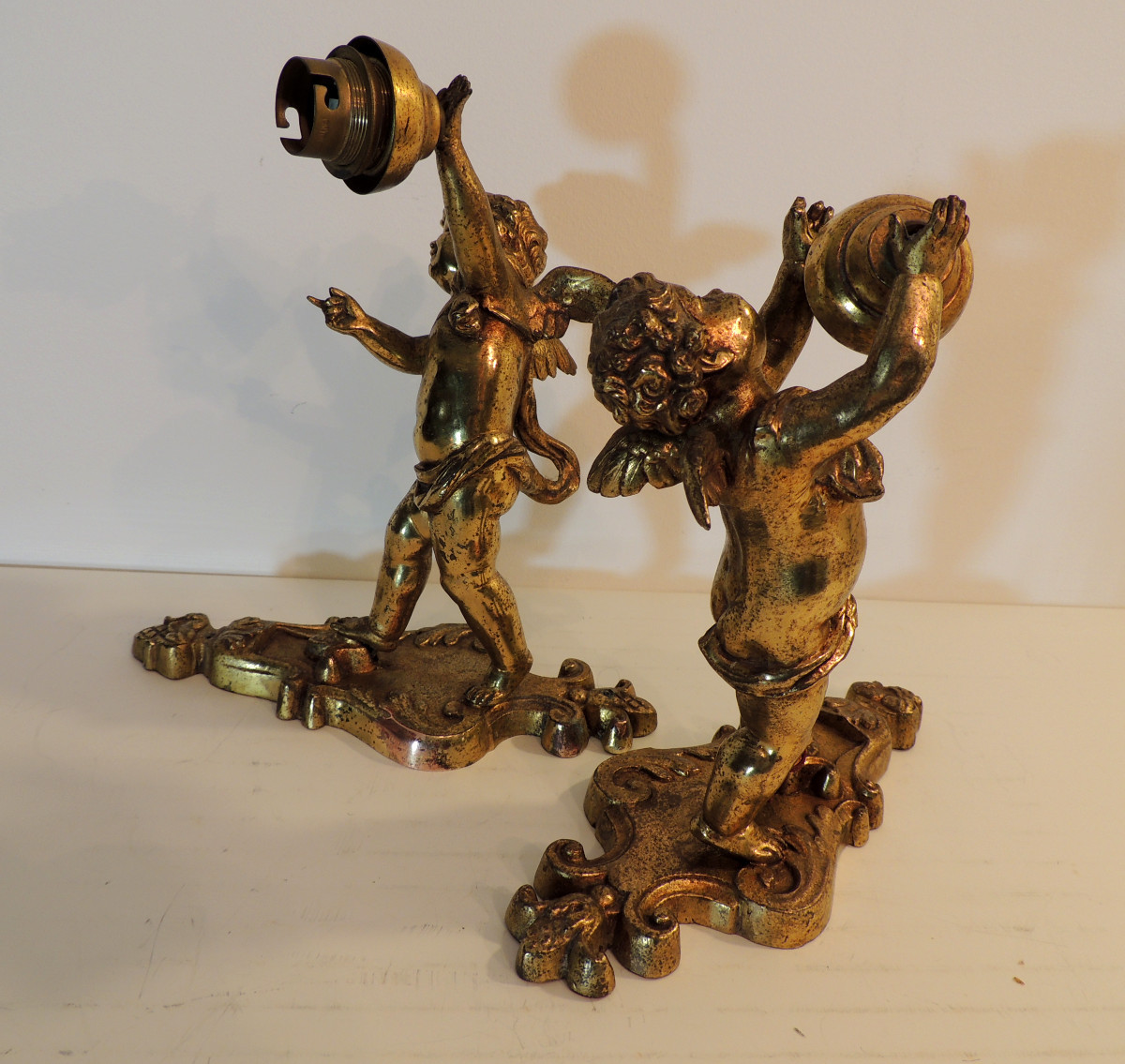 paire appliques murales en bronze doré , angelots , chérubins , fin 19 ème -photo-3