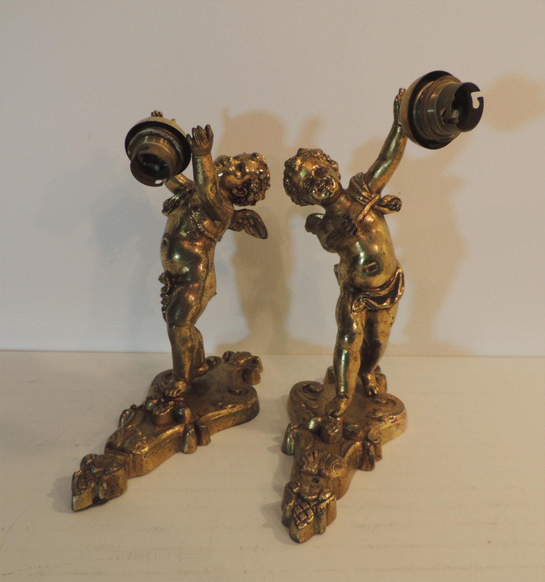 paire appliques murales en bronze doré , angelots , chérubins , fin 19 ème -photo-4
