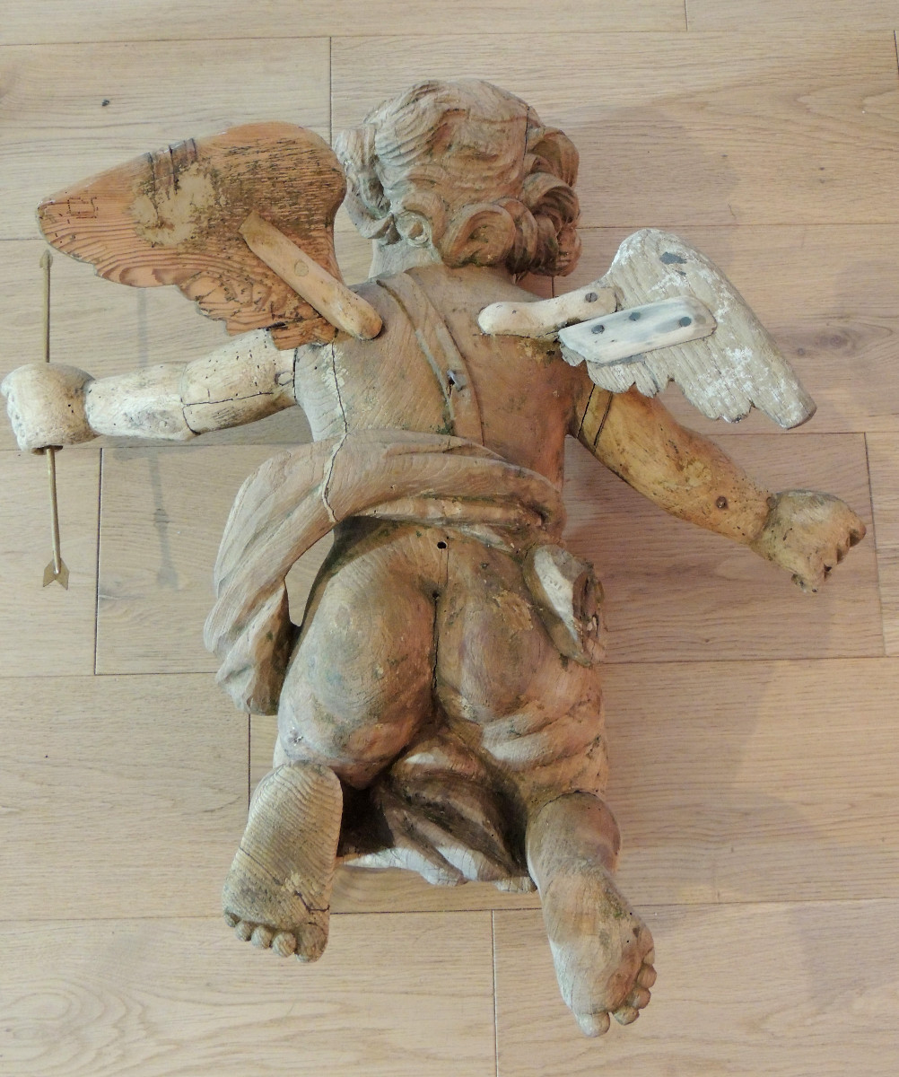 Wooden Angel From The 18th Century, Louis XIV Regency Period, Little Polychromy Remains, 60 Cm High.-photo-4