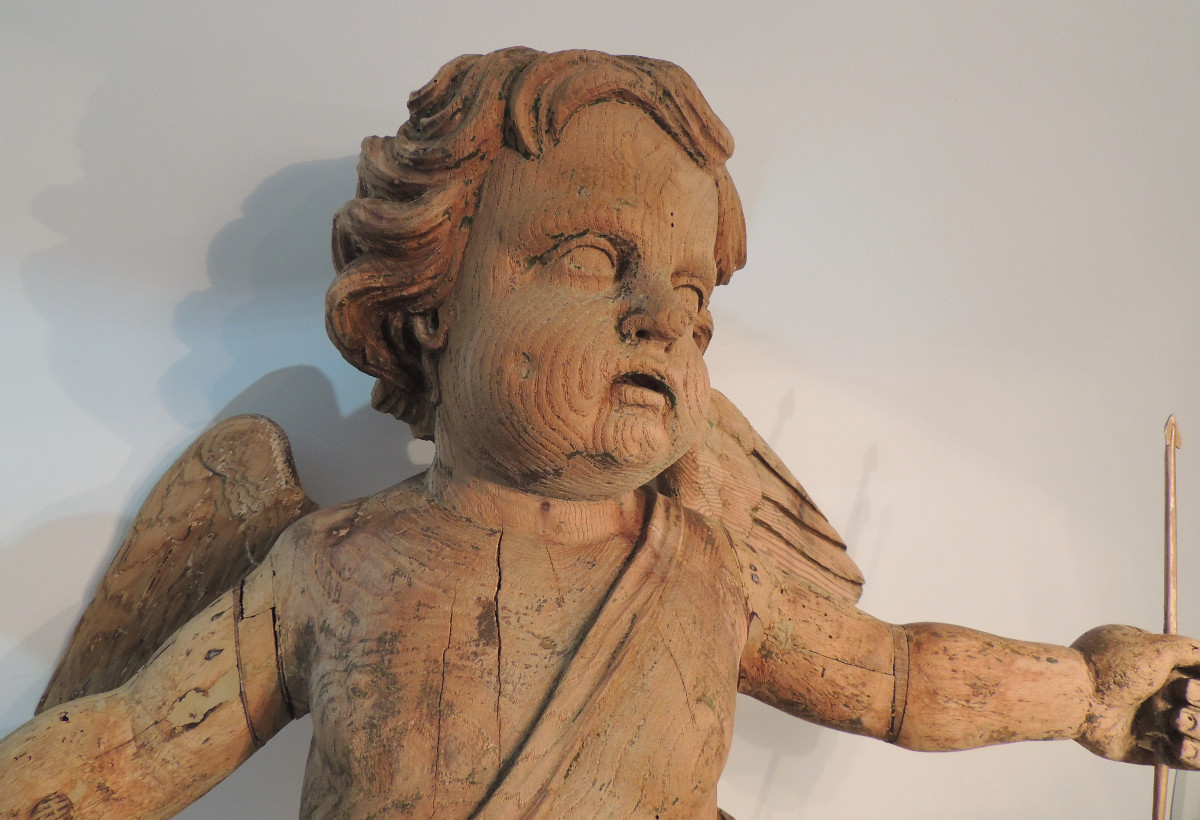 Wooden Angel From The 18th Century, Louis XIV Regency Period, Little Polychromy Remains, 60 Cm High.-photo-1