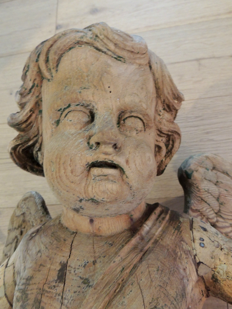 Wooden Angel From The 18th Century, Louis XIV Regency Period, Little Polychromy Remains, 60 Cm High.-photo-2