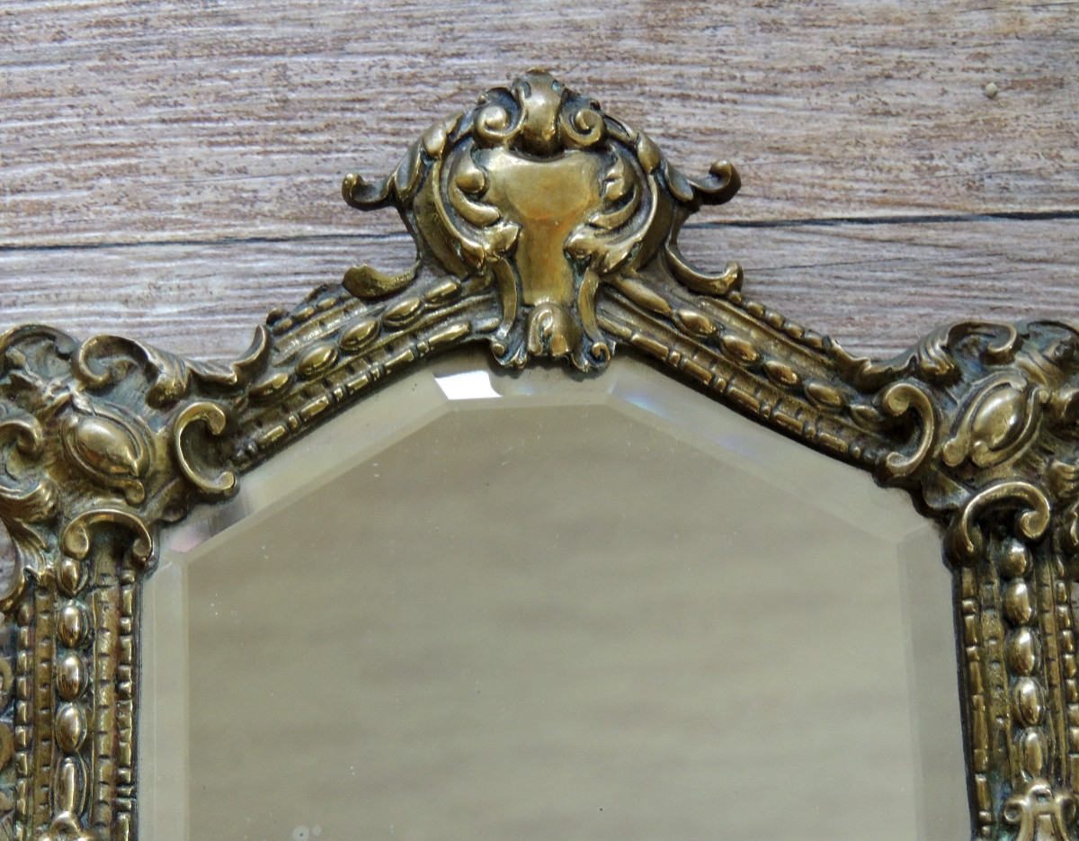 miroir en bronze mural , glace biseautée , Napotéon III , 36 cm de hauteur , 19 ème -photo-3