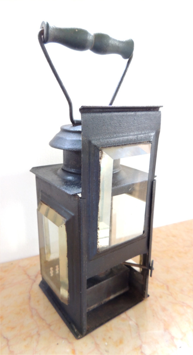 Small Hand Lantern, Sheet Metal Oil Lamp With 4 Beveled Crystal Windows, 19th Century -photo-2
