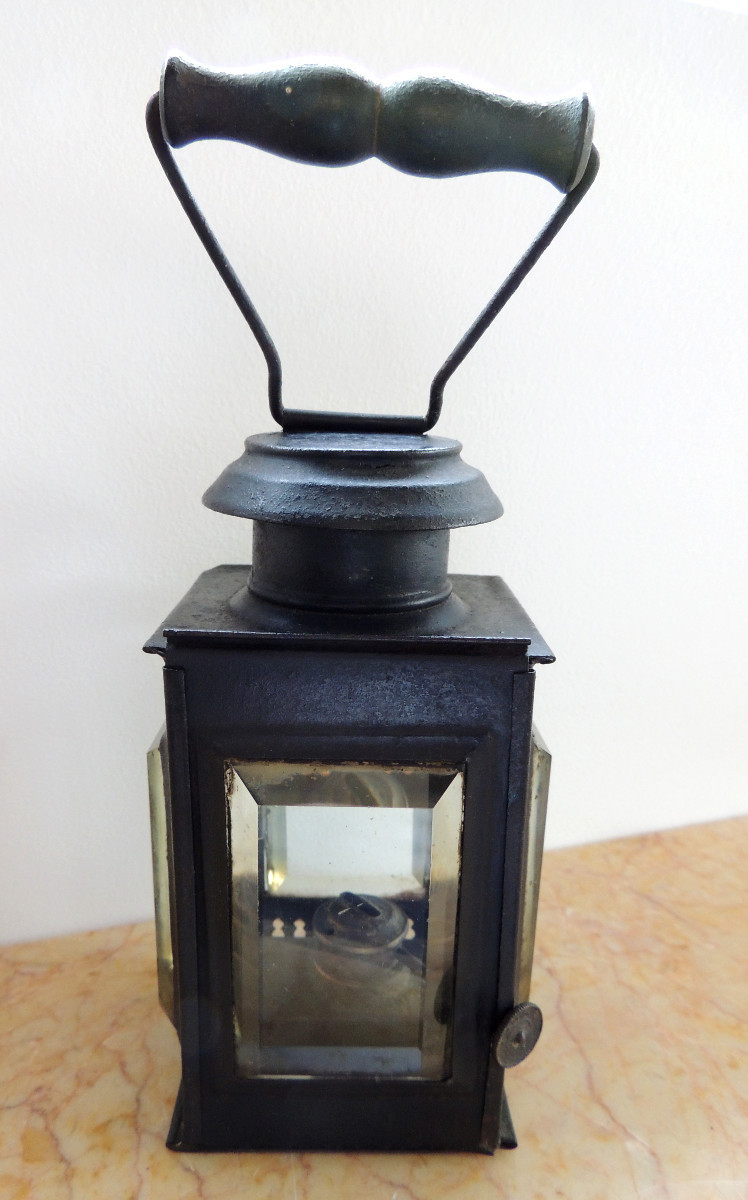 Small Hand Lantern, Sheet Metal Oil Lamp With 4 Beveled Crystal Windows, 19th Century 
