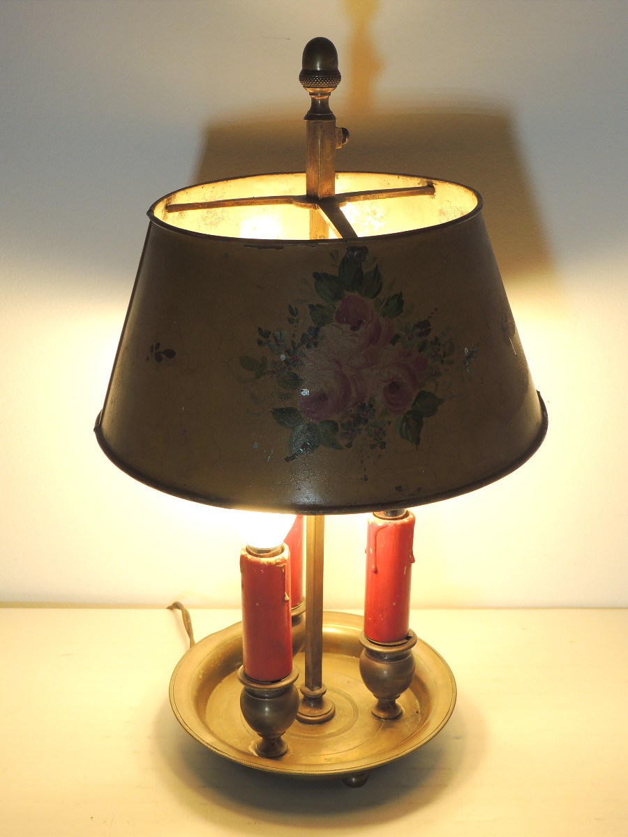 Bouillotte Lamp With Hand-painted Lampshade On A Tarnished Bronze Mount, 19th Century-photo-1