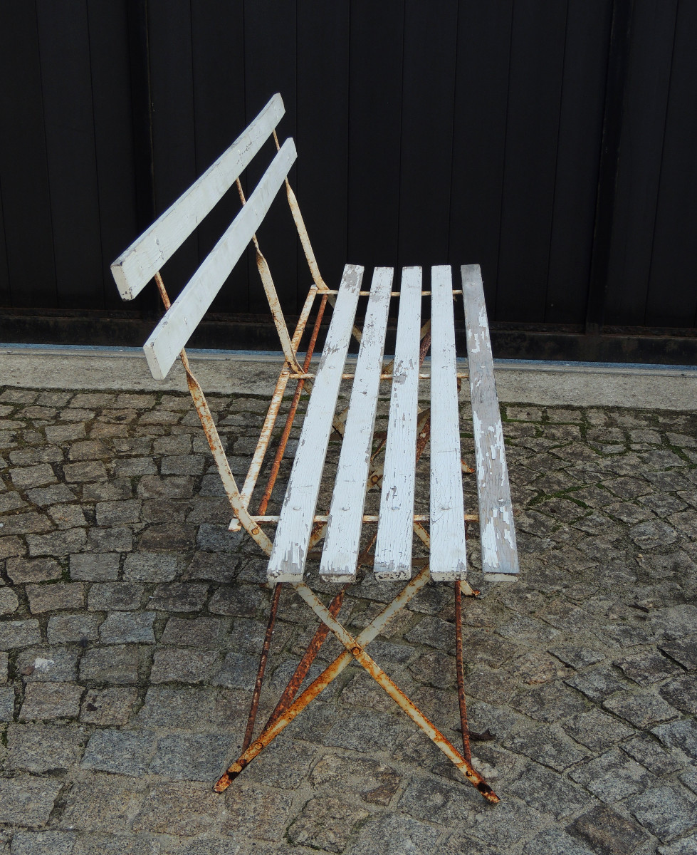 Folding Garden Bench, Iron Frame, Wooden Slat Back And Seat, 20th Century -photo-3