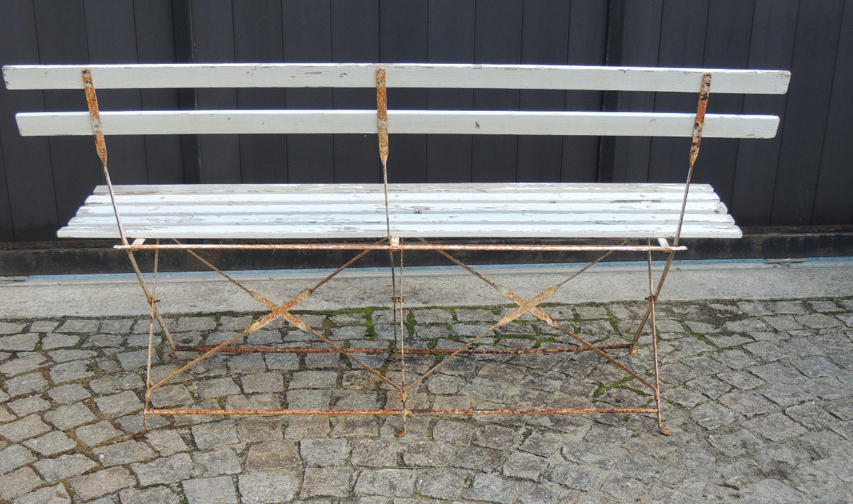 Folding Garden Bench, Iron Frame, Wooden Slat Back And Seat, 20th Century -photo-4