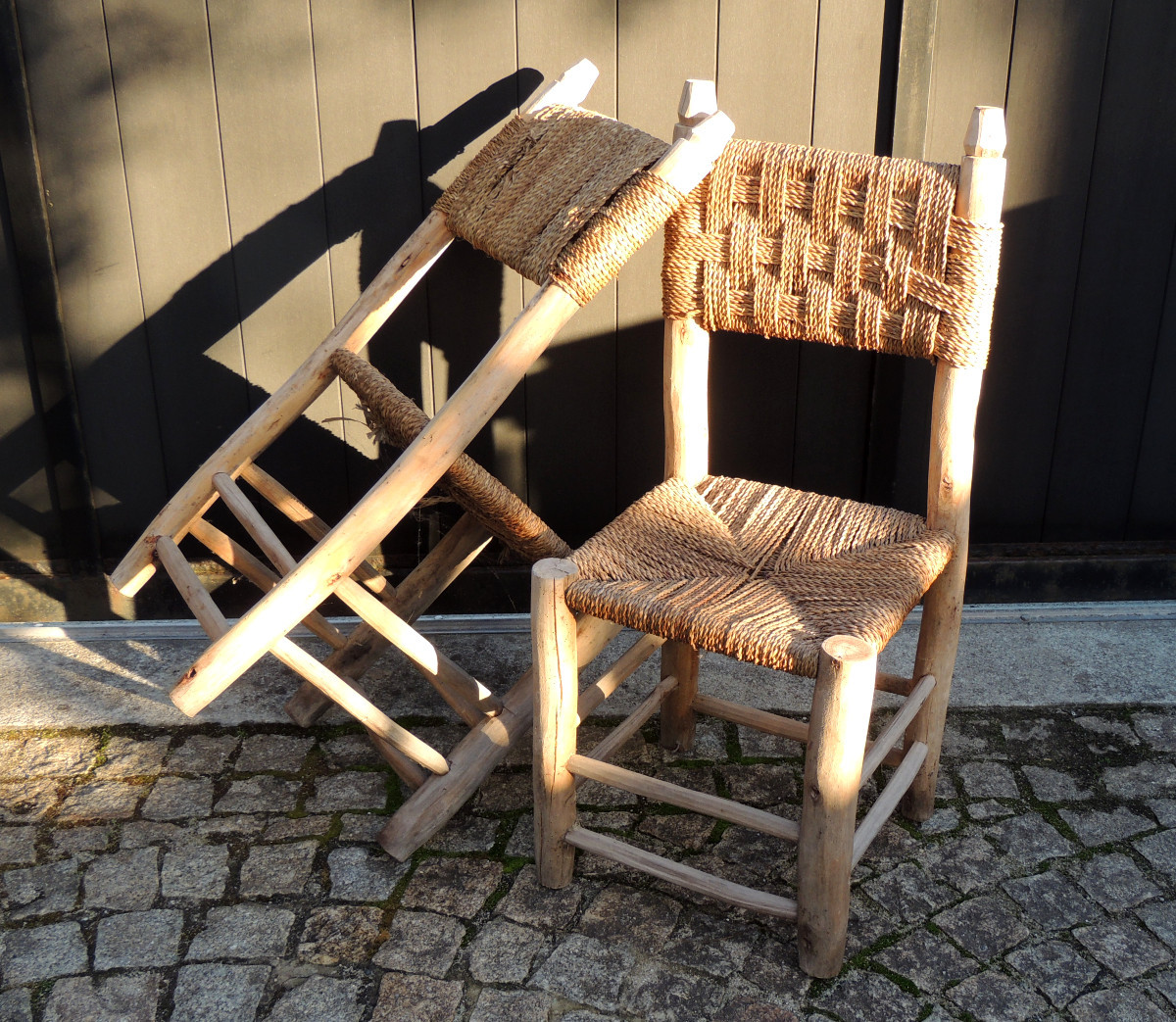 Two Wooden Chairs With Braided Rope Backs And Seats, 20th Century-photo-2